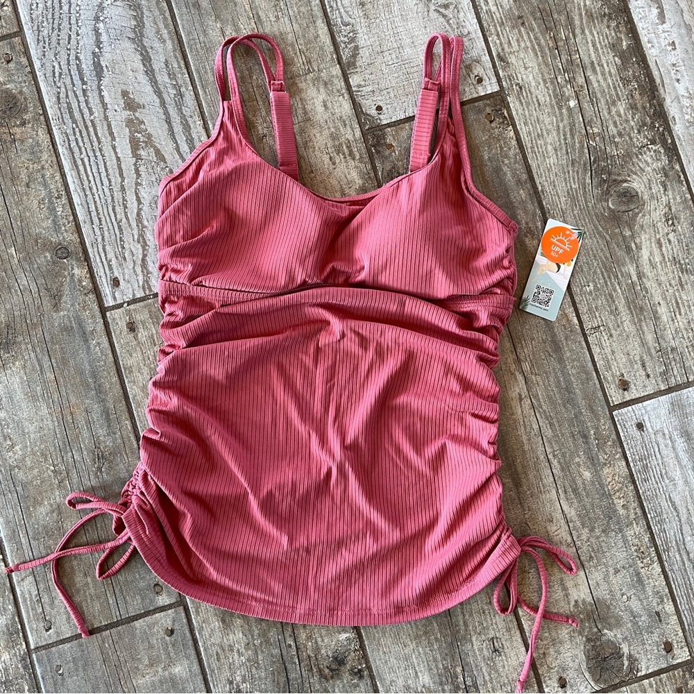 Ribbed Rose-Pink Tankini Top with Adjustable Side Straps